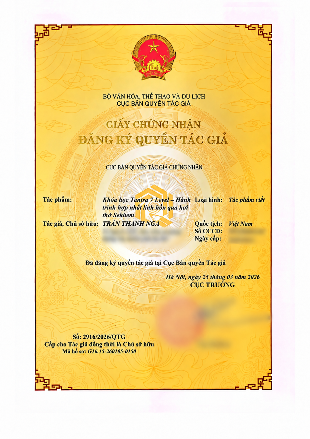 Giấy chứng nhận đăng ký quyền tác giả Tantra 7 Level